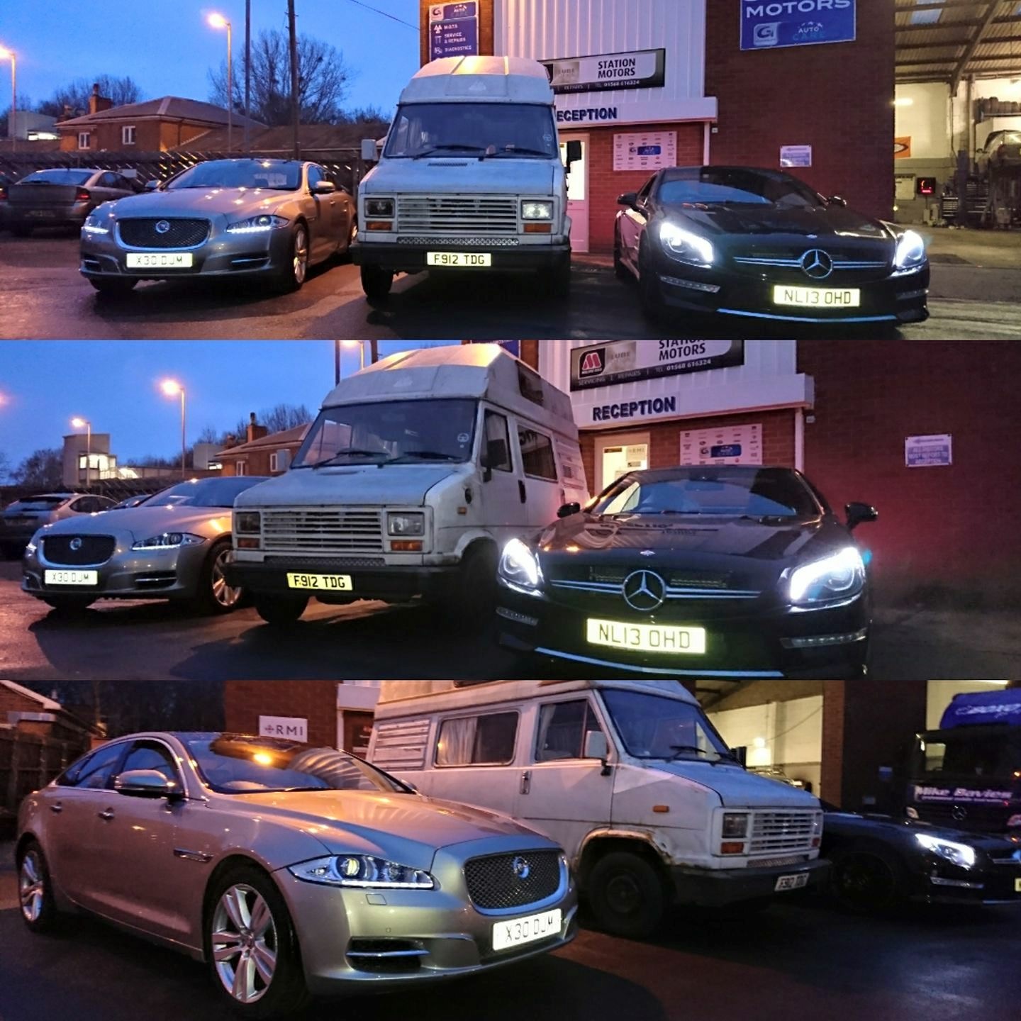 Customer cars lined up outside the Station Motors reception at night